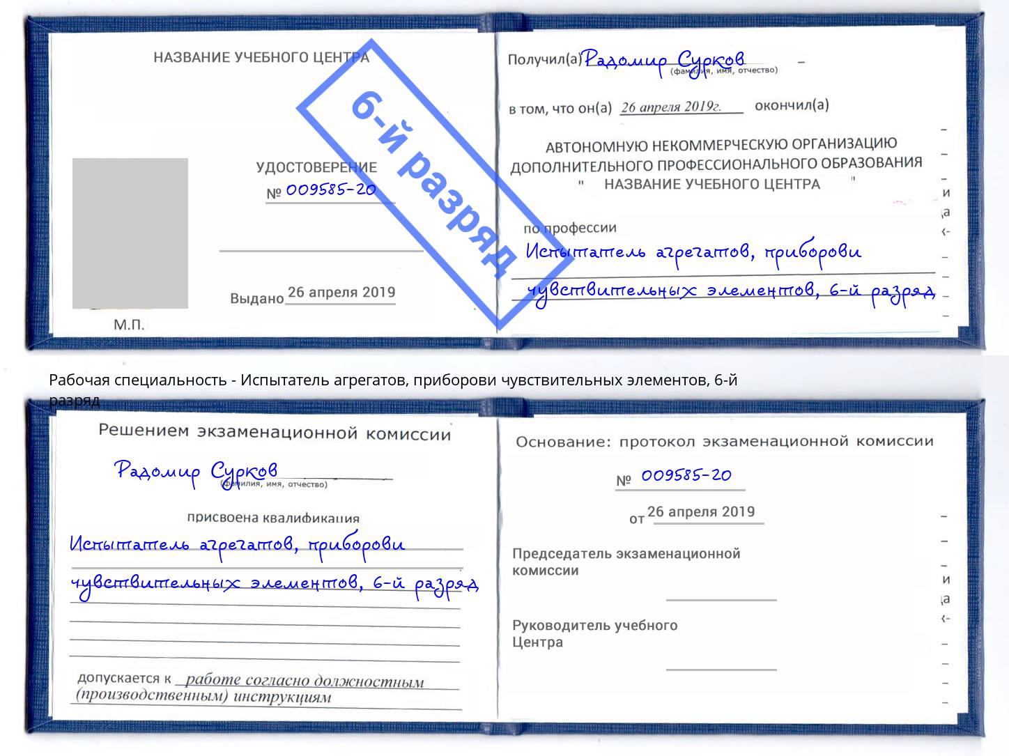 корочка 6-й разряд Испытатель агрегатов, приборови чувствительных элементов Сафоново