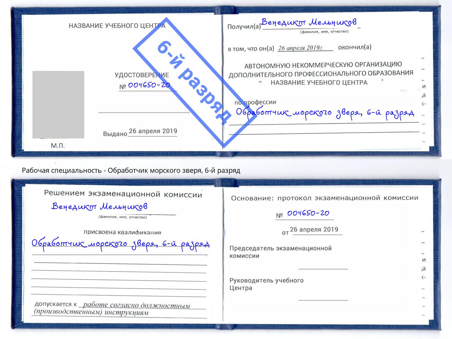 корочка 6-й разряд Обработчик морского зверя Сафоново