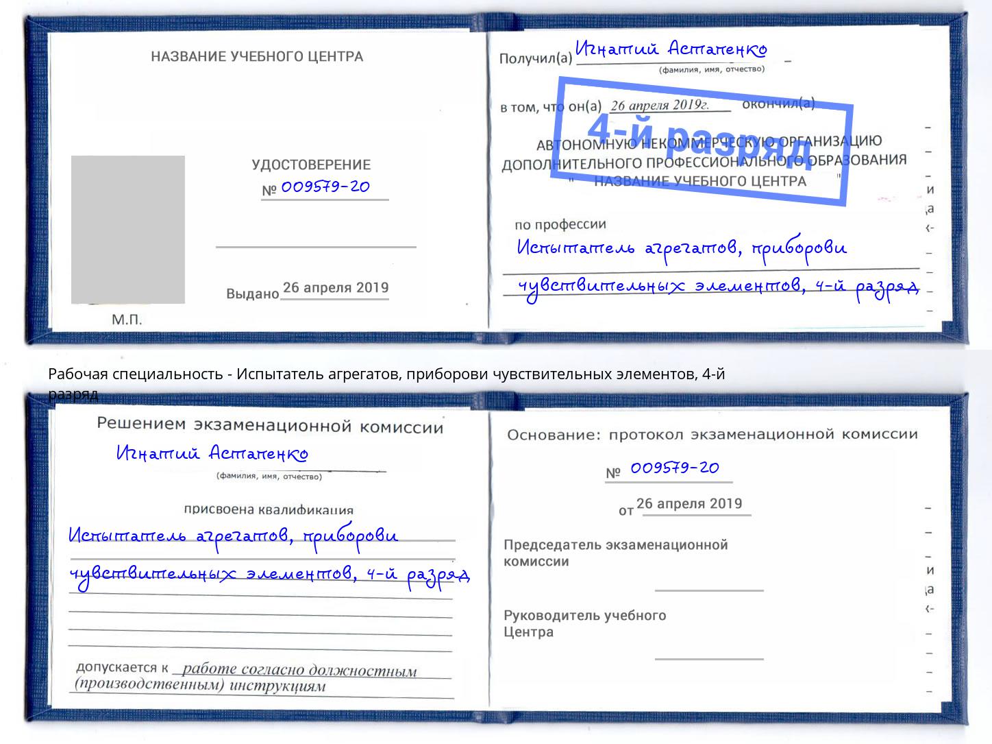 корочка 4-й разряд Испытатель агрегатов, приборови чувствительных элементов Сафоново