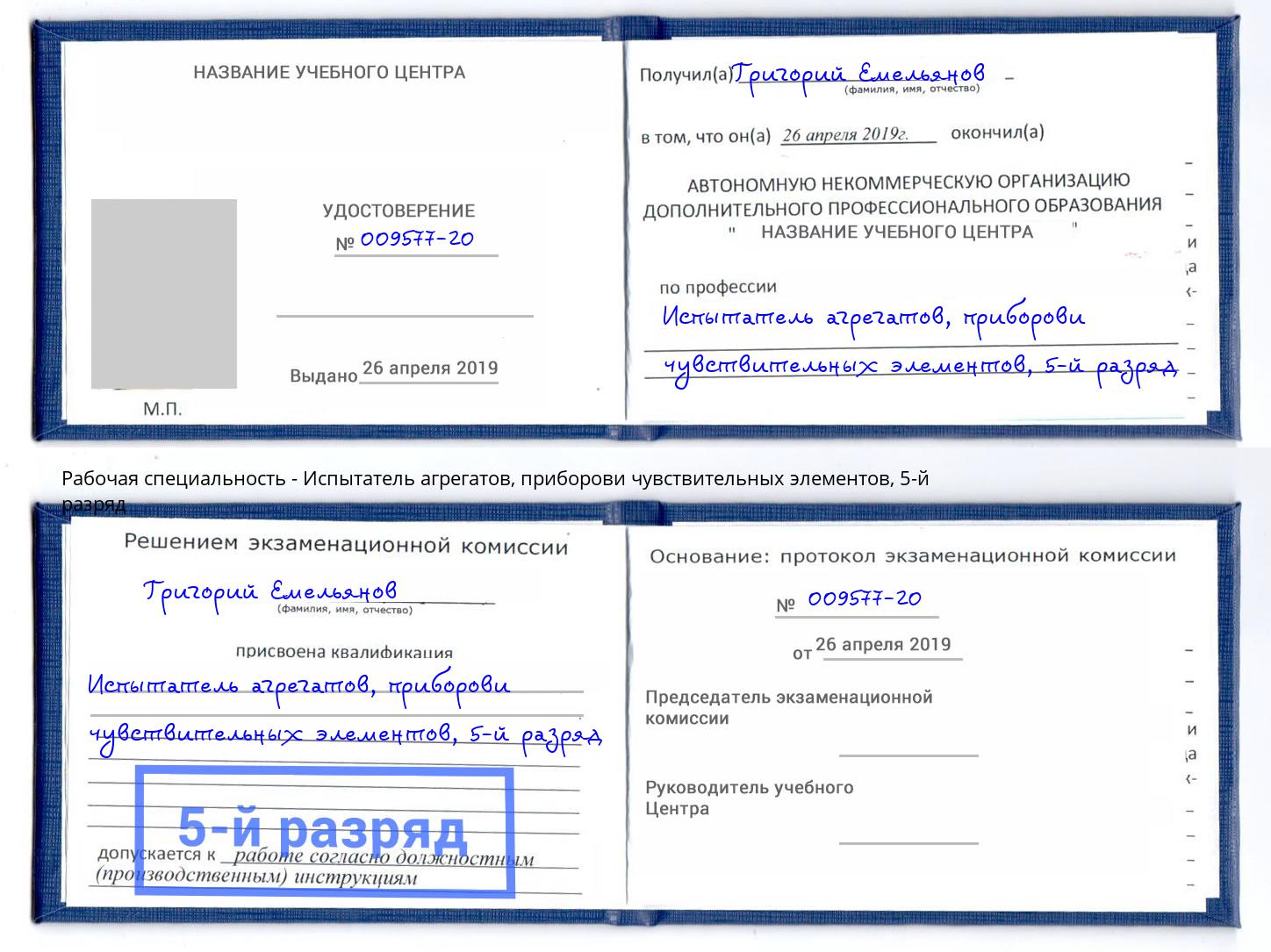 корочка 5-й разряд Испытатель агрегатов, приборови чувствительных элементов Сафоново