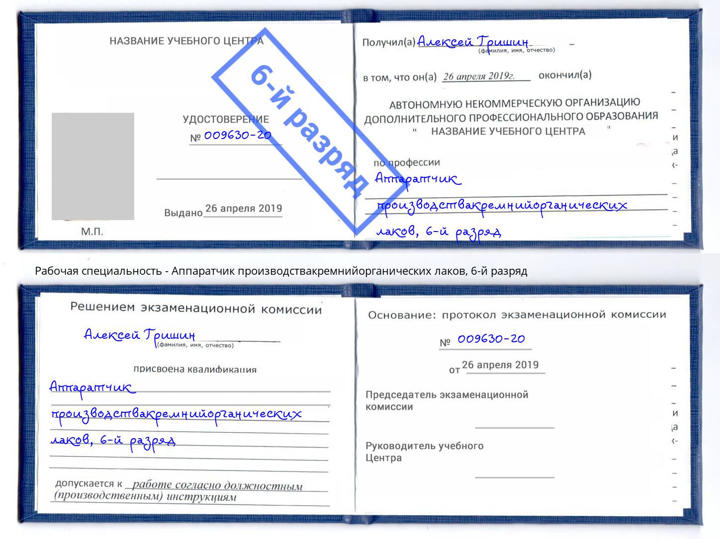 корочка 6-й разряд Аппаратчик производствакремнийорганических лаков Сафоново