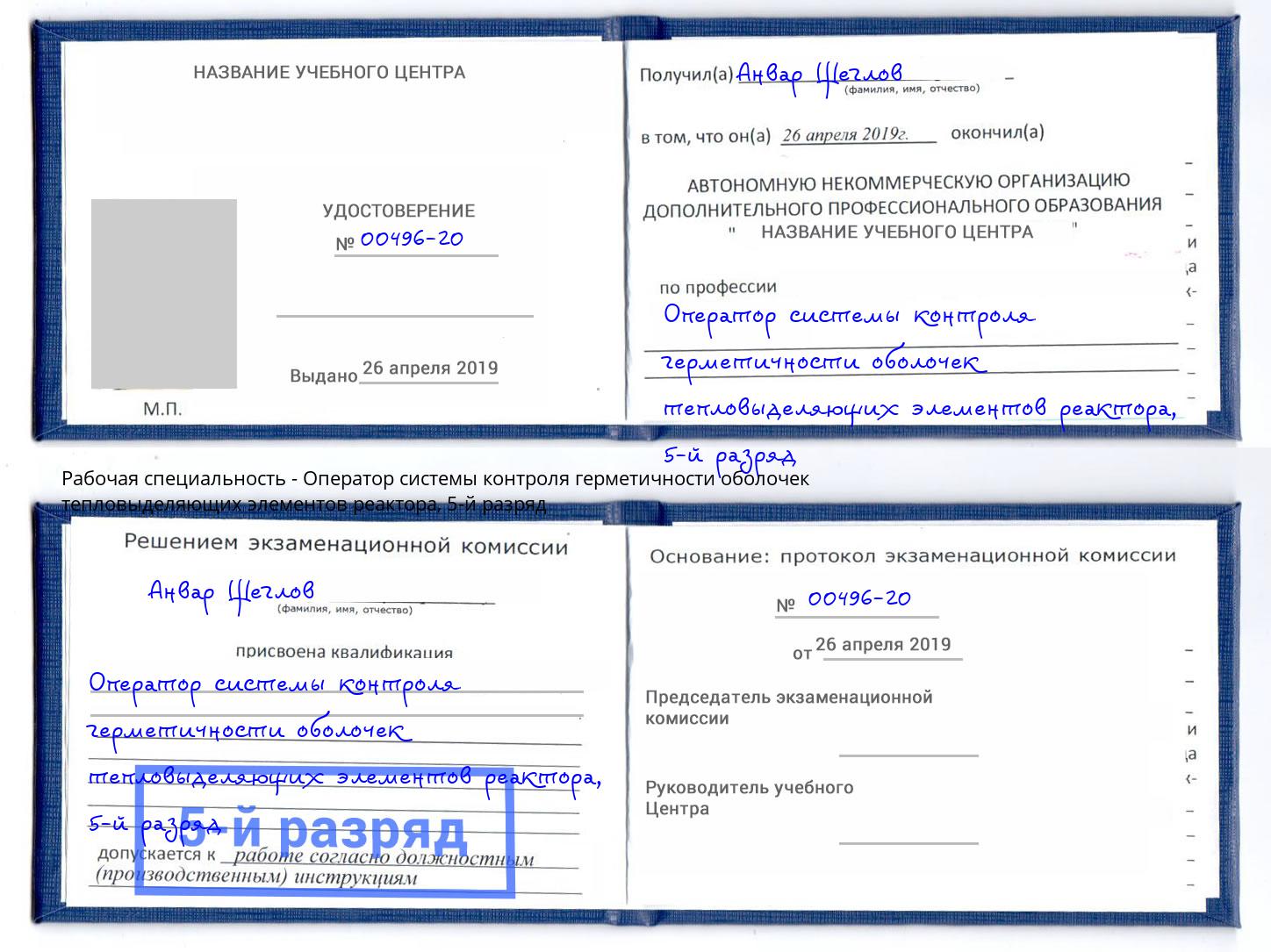 корочка 5-й разряд Оператор системы контроля герметичности оболочек тепловыделяющих элементов реактора Сафоново