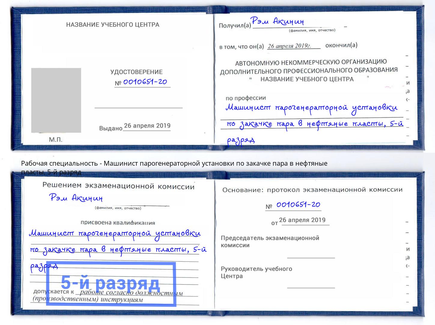 корочка 5-й разряд Машинист парогенераторной установки по закачке пара в нефтяные пласты Сафоново