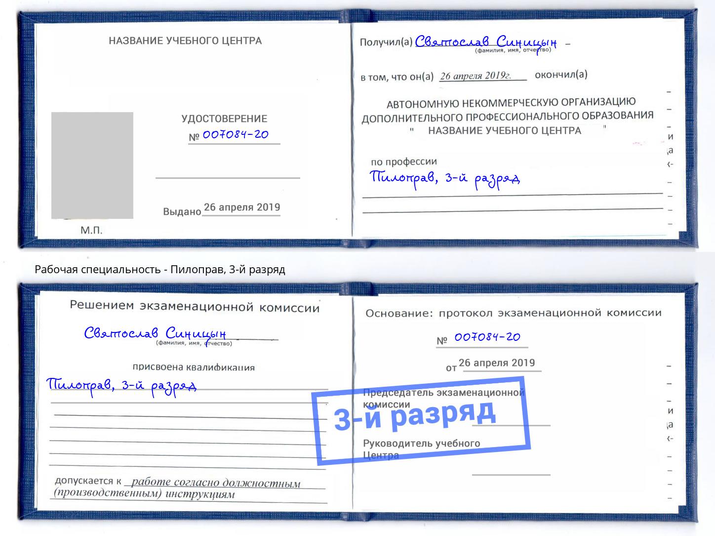 корочка 3-й разряд Пилоправ Сафоново