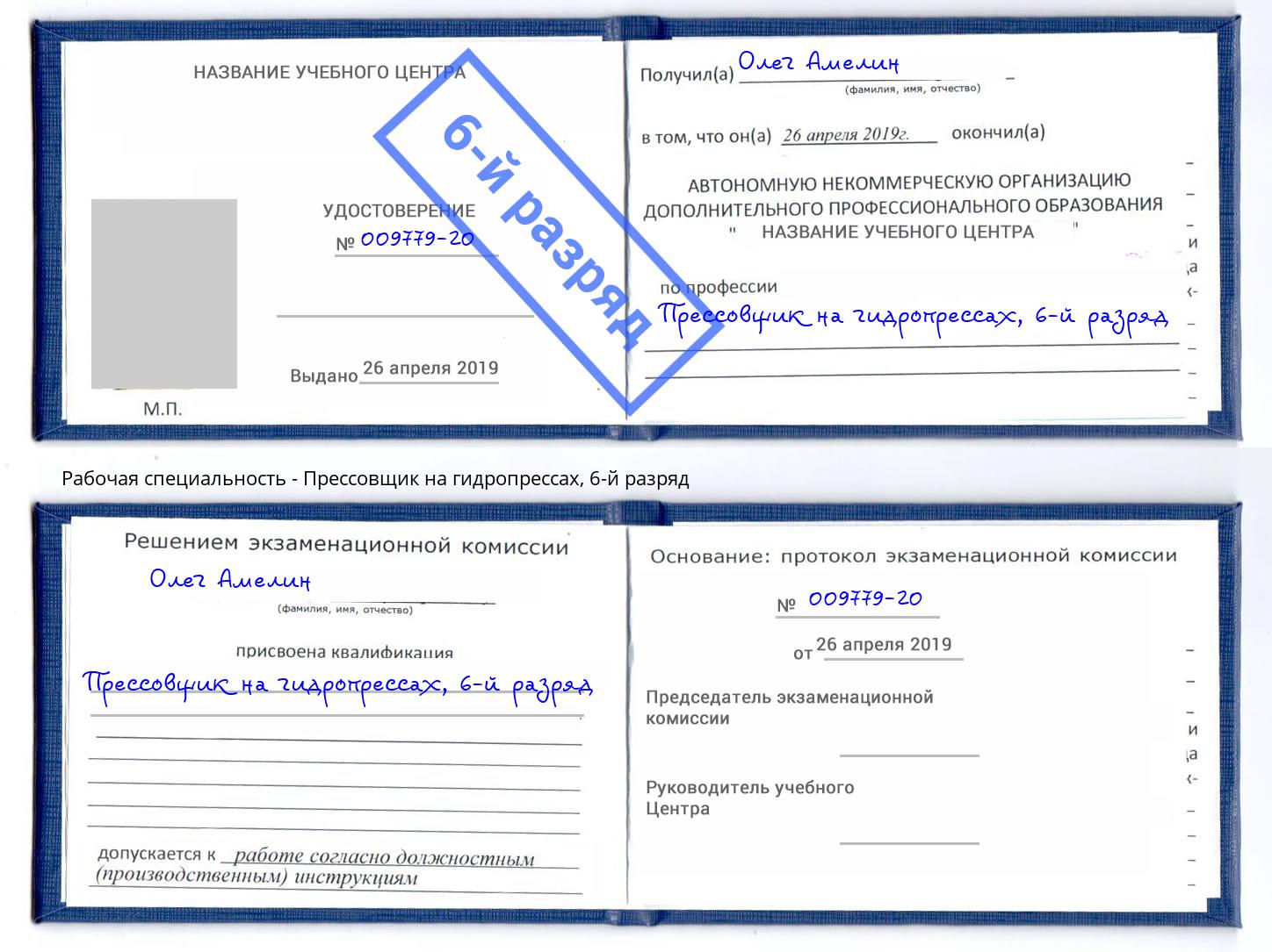 корочка 6-й разряд Прессовщик на гидропрессах Сафоново